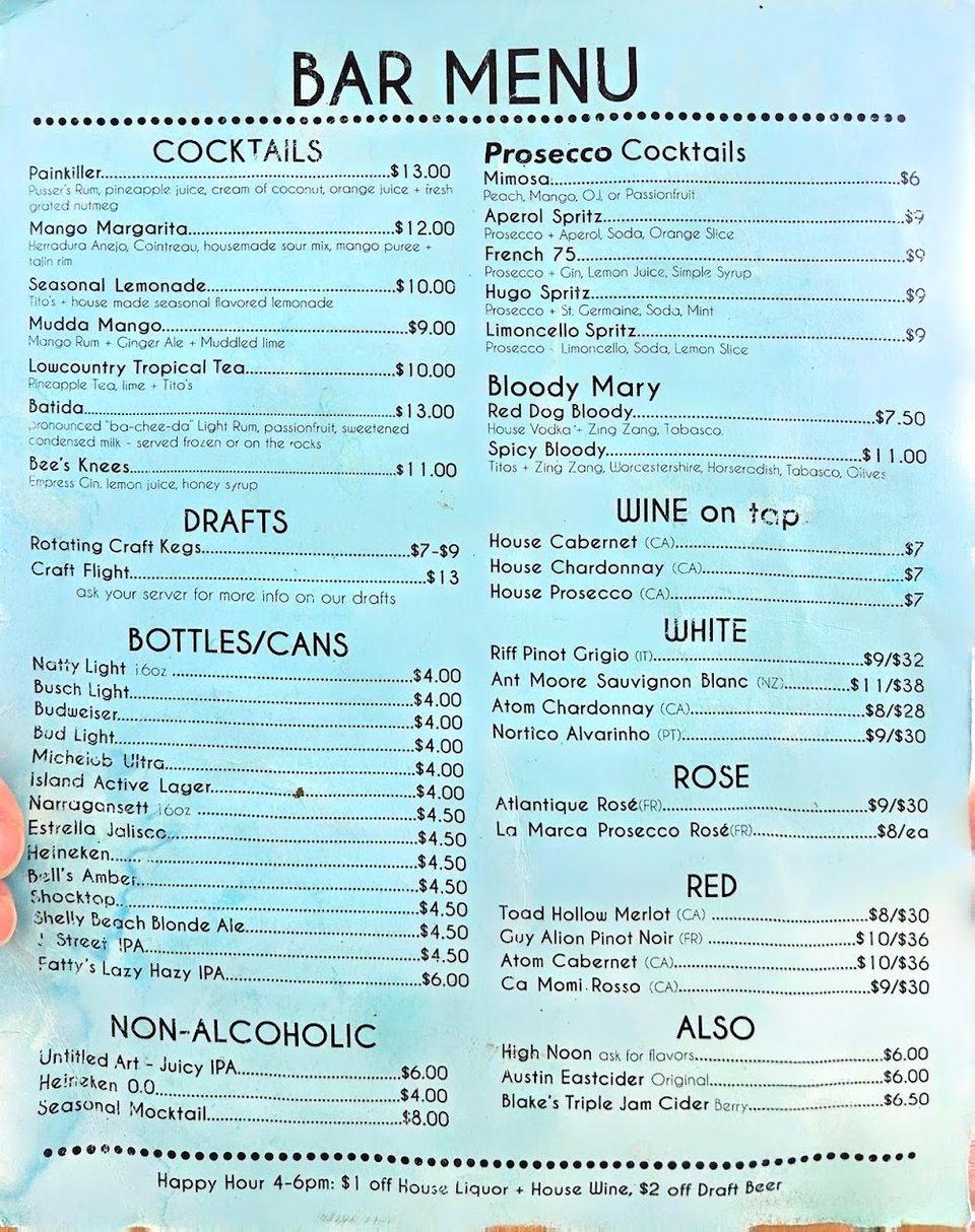 Printed menu with seafood and bar items.